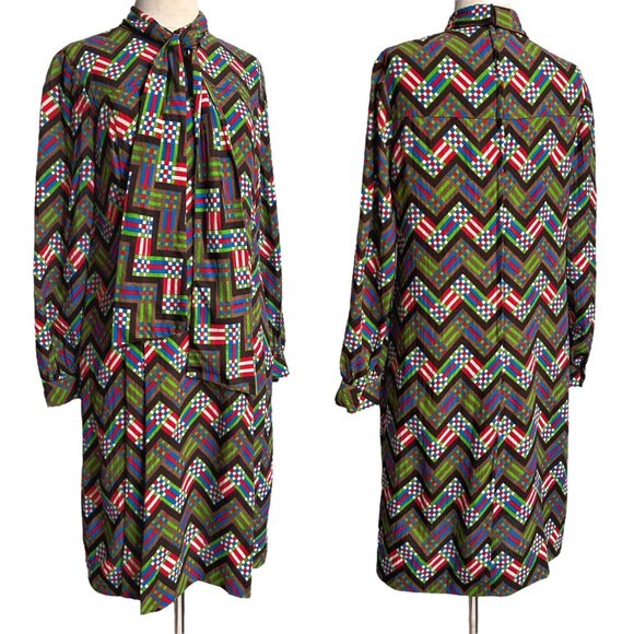 70s vintage wool shift dress midi shirt geometric pattern abstract print tie. - Picture 7 of 13